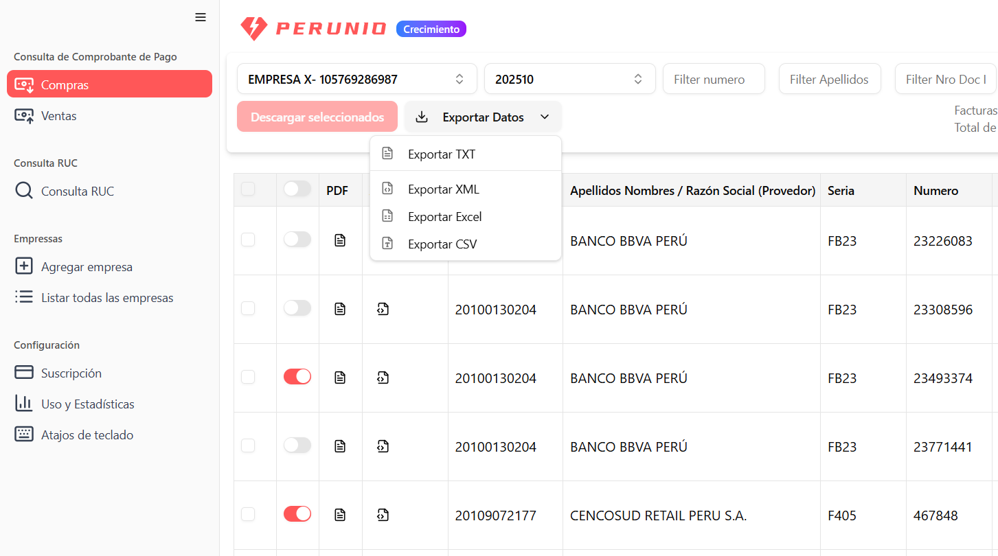 Perunio Dashboard - Vista del sistema de gestión de facturas