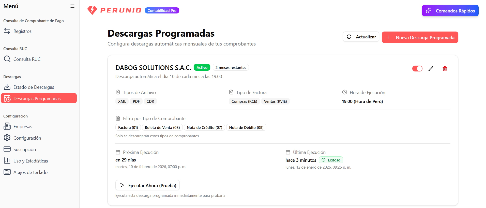 Perunio Dashboard - Vista del sistema de gestión de comprobantes de pago