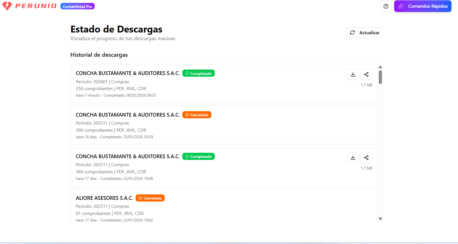 Página de Estado de Descargas