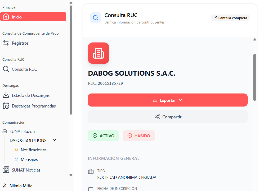RUC Consulta integrada en Perunio